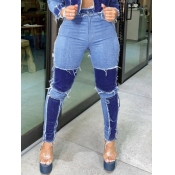 LW High Stretchy Patchwork Blue Jeans