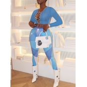 lovely Trendy Print Bandage Design Blue Two Piece 
