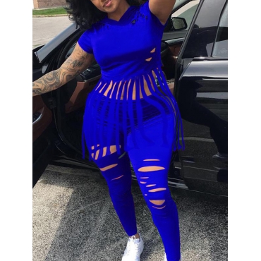 

LW Plus Size Tassel Design Ripped Pants Set, Blue