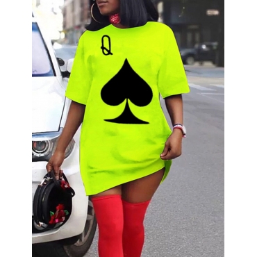 

LW Plus Size Leisure O Neck Print Green Mini Dress