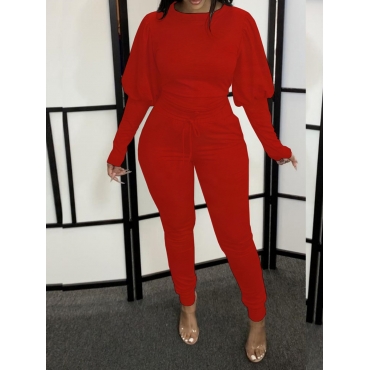 

LW Leisure Puffed Sleeves Drawstring Red Two Piece Pants Set