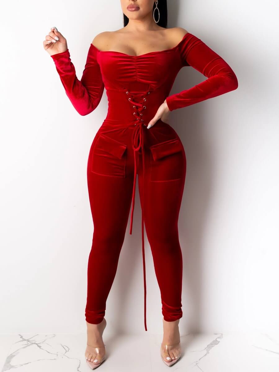 

lovely Stylish Bandage Design Skinny Red One-piece Jumpsuit