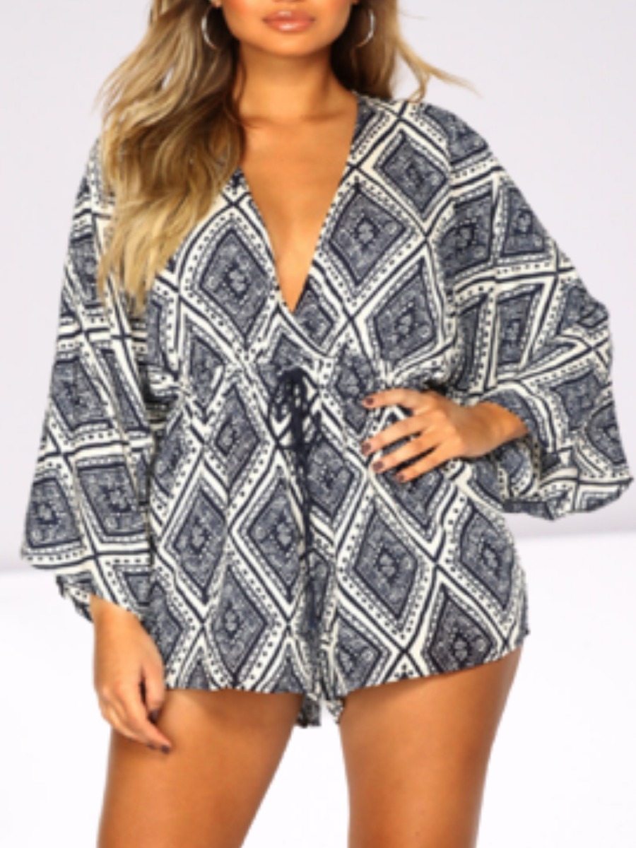 

lovely Leisure V Neck Print Drawstring Blue Sleepwear