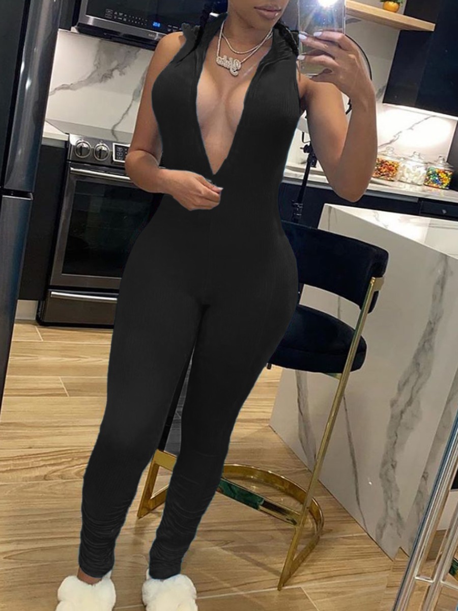 

lovely Sportswear Sleeveless Zipper Design Black One-piece Jumpsuit