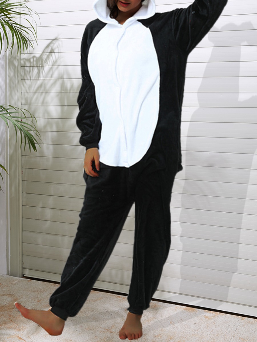 

lovely Leisure Hooded Collar Patchwork Black Sleepwear