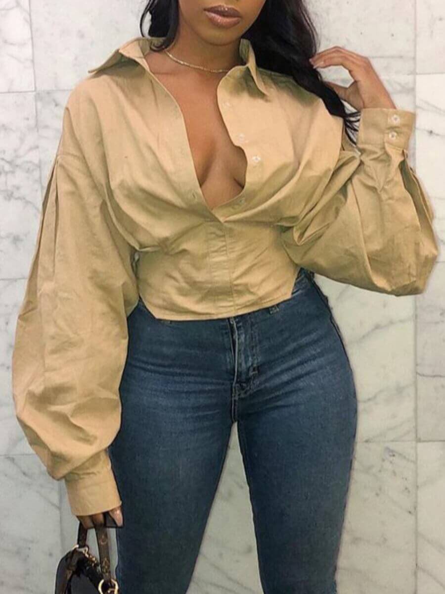 

LW Stylish Turndown Collar Buttons Design Khaki Blouse