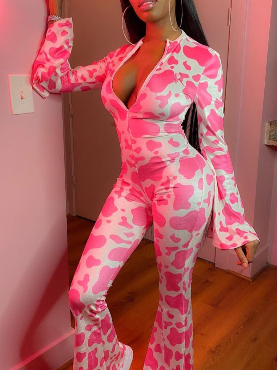 

lovely Trendy Print Zipper Design Pink One-piece Jumpsuit