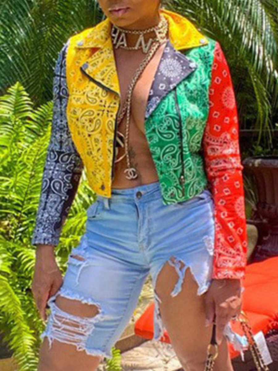 

lovely Stylish Turndown Collar Print Patchwork Yellow Jacket