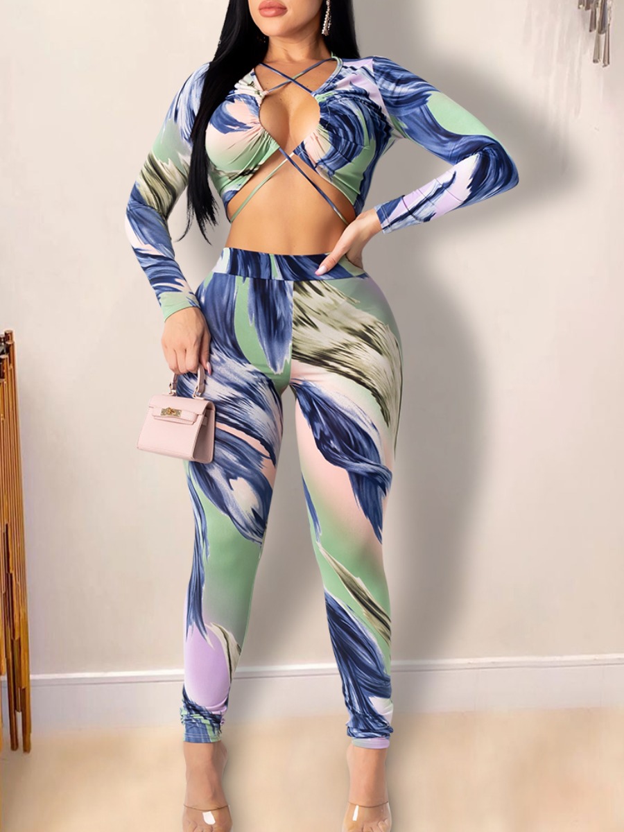 

lovely Stylish Cross-over Design Print Blue Two Piece Pants Set