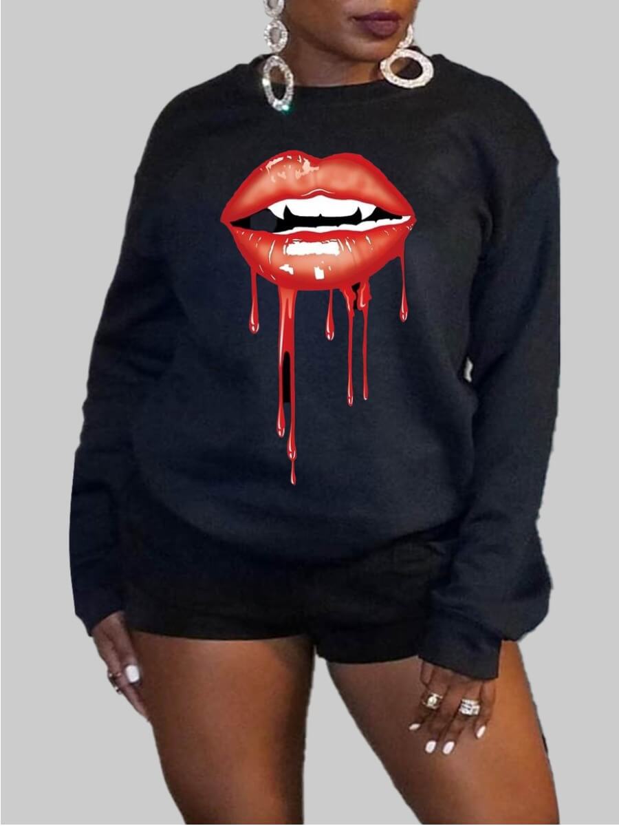 

Lovely Leisure O Neck Lip Print Black Hoodie
