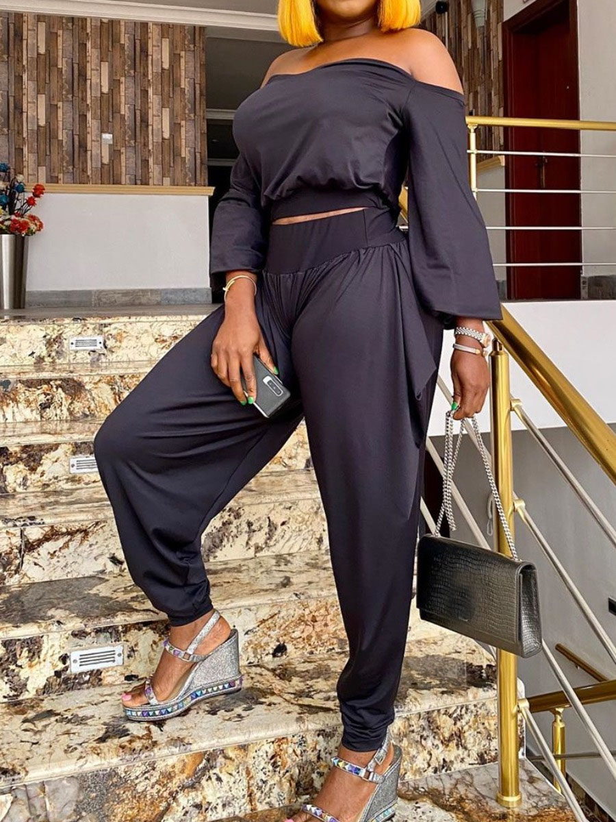 

lovely Leisure Dew Shoulder Basic Black Two Piece Pants Set