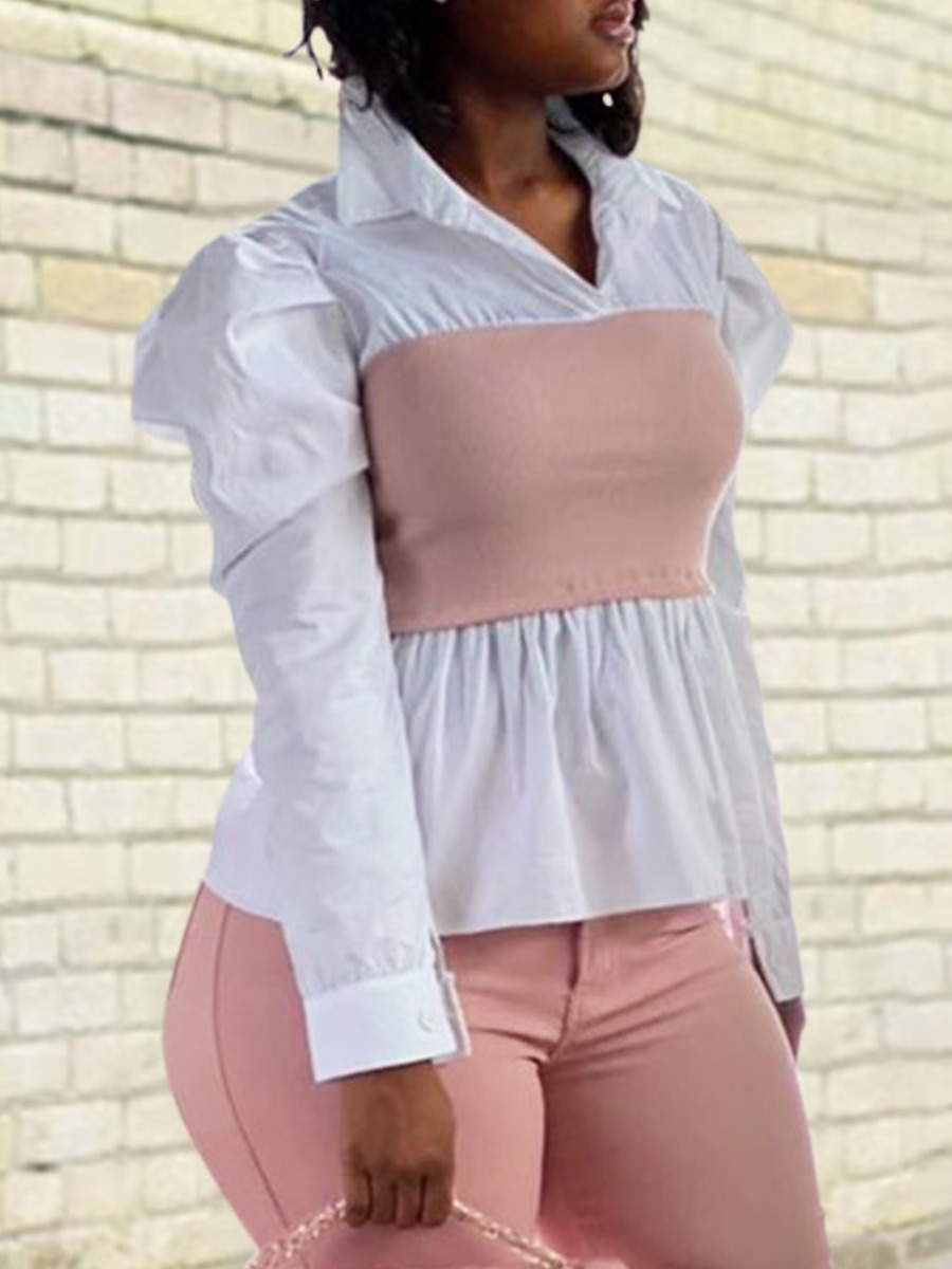 

lovely Stylish Turndown Collar Patchwork White Blouse