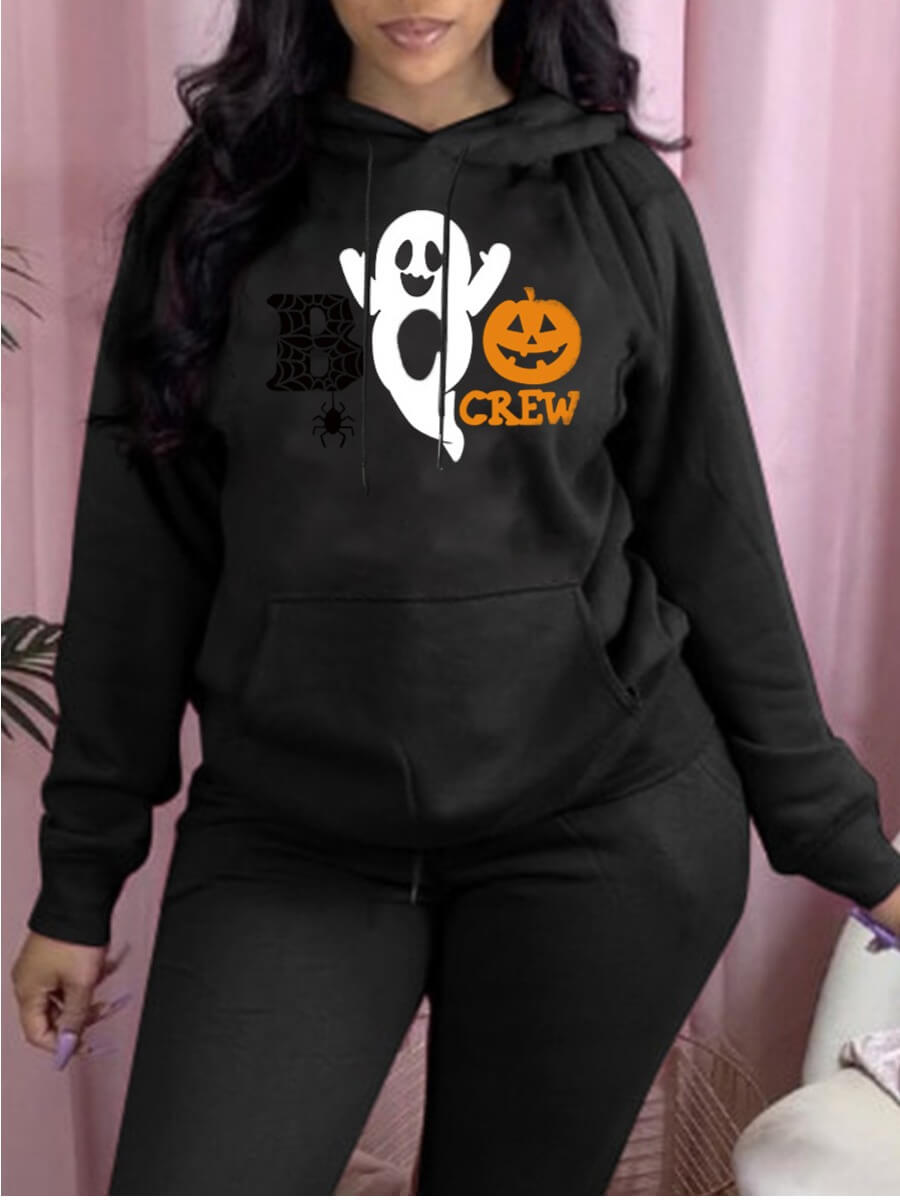 

Lovely Street Hooded Collar Print Black Hoodie