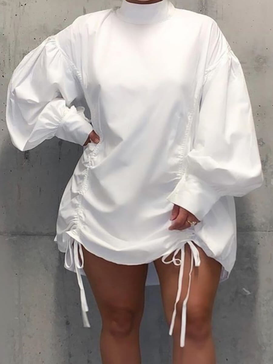 Lovely Casual Half A Turtleneck Fold Design White Mini Plus Size Dress
