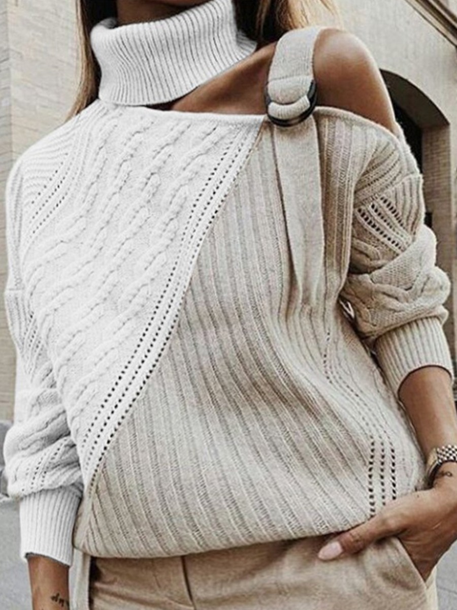 

lovely Trendy Turtleneck Hollow-out Patchwork Grey Plus Size Sweater