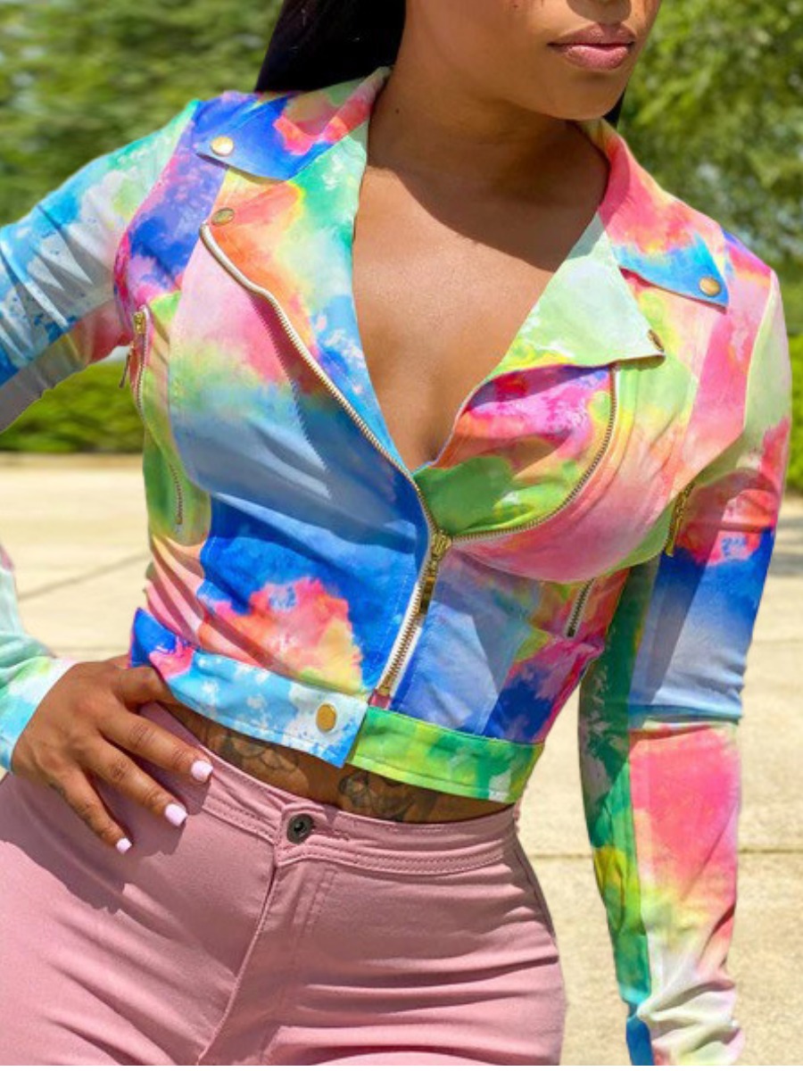 

lovely Stylish Turndown Collar Tie-dye Multicolor Short Jacket, Multi