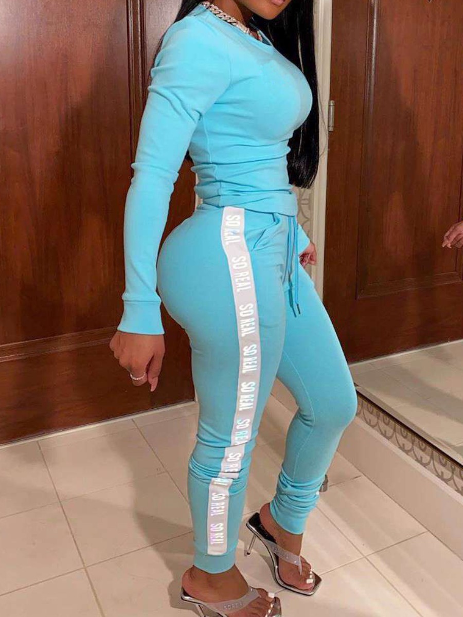 

lovely Leisure O Neck Patchwork Blue Two Piece Pants Set