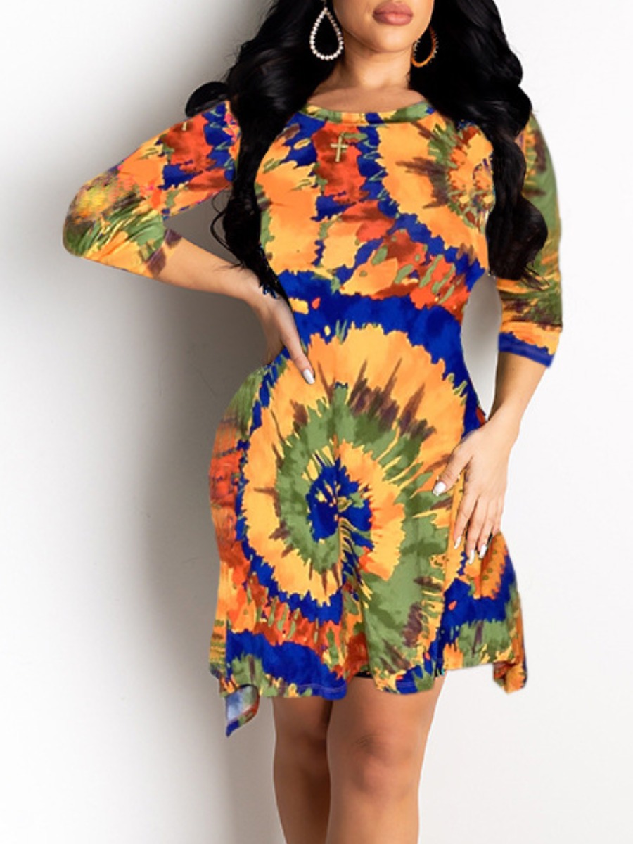 

lovely Trendy O Neck Tie-dye Orange Knee Length Dress