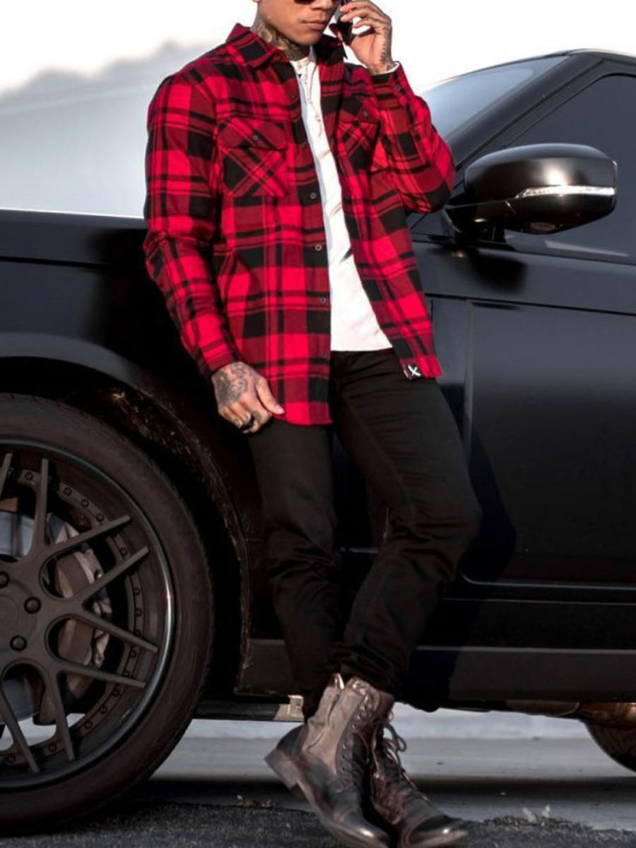 

lovely Trendy Turndown Collar Grid Print Red And Black Men Shirt, Red and black check