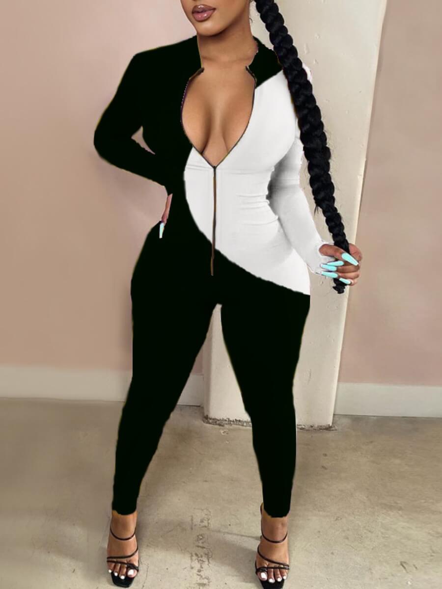 

Lovely Sportswear Patchwork Zipper Design Black One-piece Jumpsuit