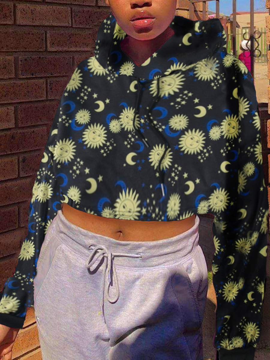 

Lovely Trendy Hooded Collar Print Black Hoodie