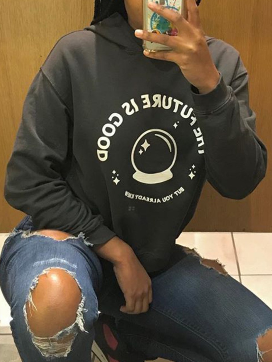 

lovely Street Hooded Collar Print Black Hoodie
