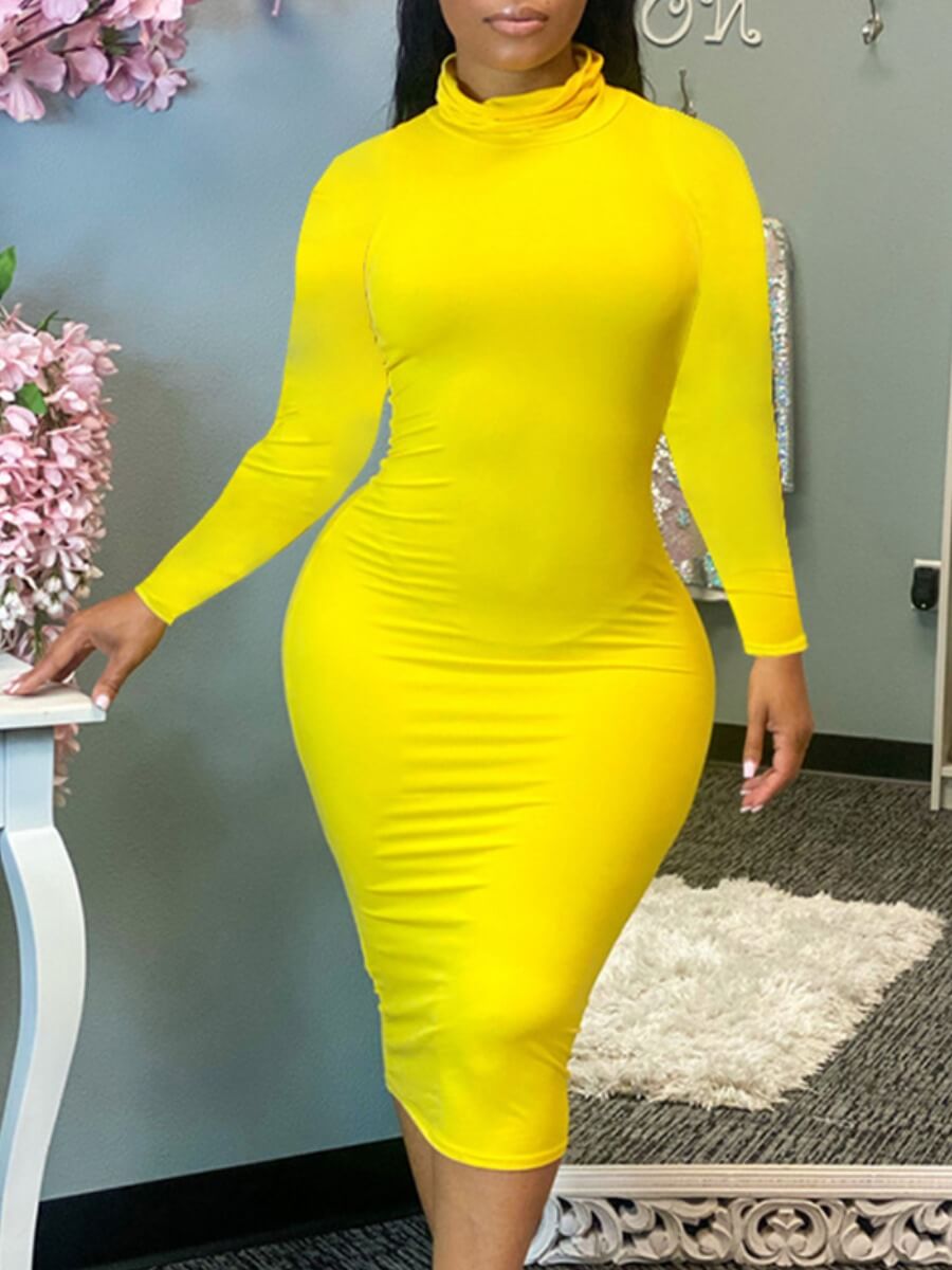 

Lovely Casual Basic Skinny Yellow Knee Length Plus Size Dress