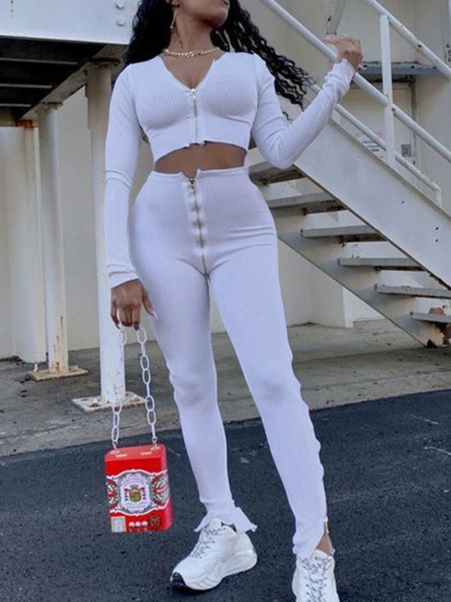 

lovely Sportswear Zipper Design White Two Piece Pants Set