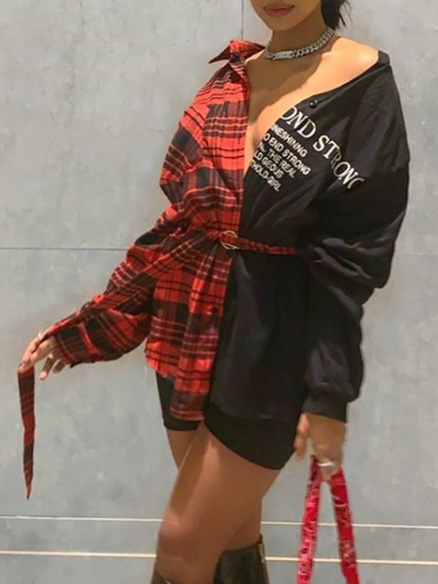 

Lovely Stylish Turndown Collar Grid Print Patchwork Black Blouse