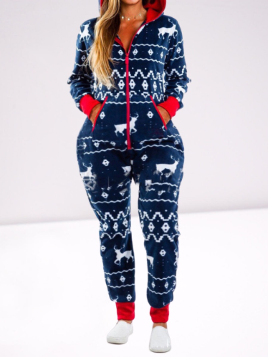 

Lovely Casual Hooded Collar Print Deep Blue Sleepwear