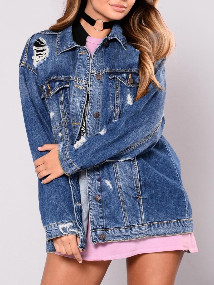 

Lovely Stylish Turndown Collar Buttons Design Broken Holes Blue Denim Jacket