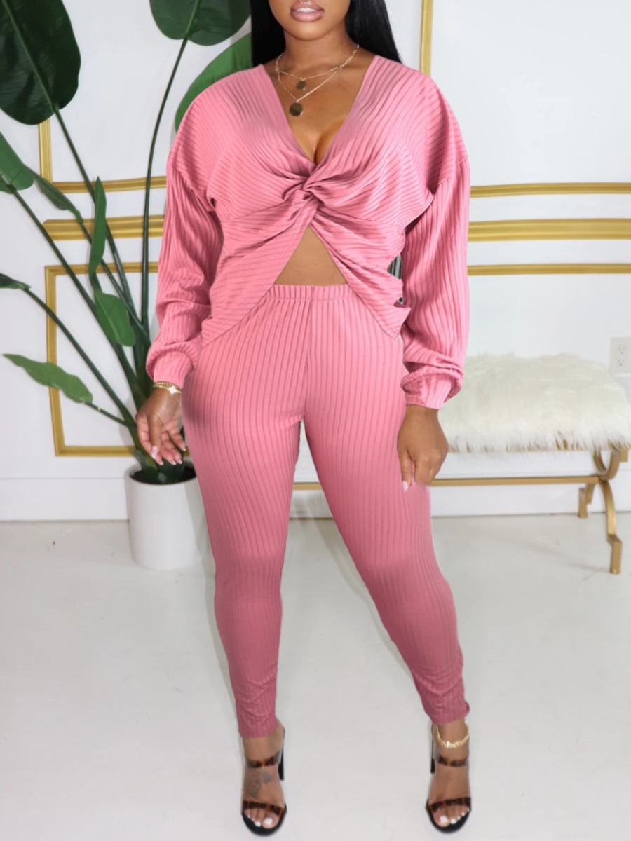 

lovely Trendy V Neck Knot Design Pink Two Piece Pants Set