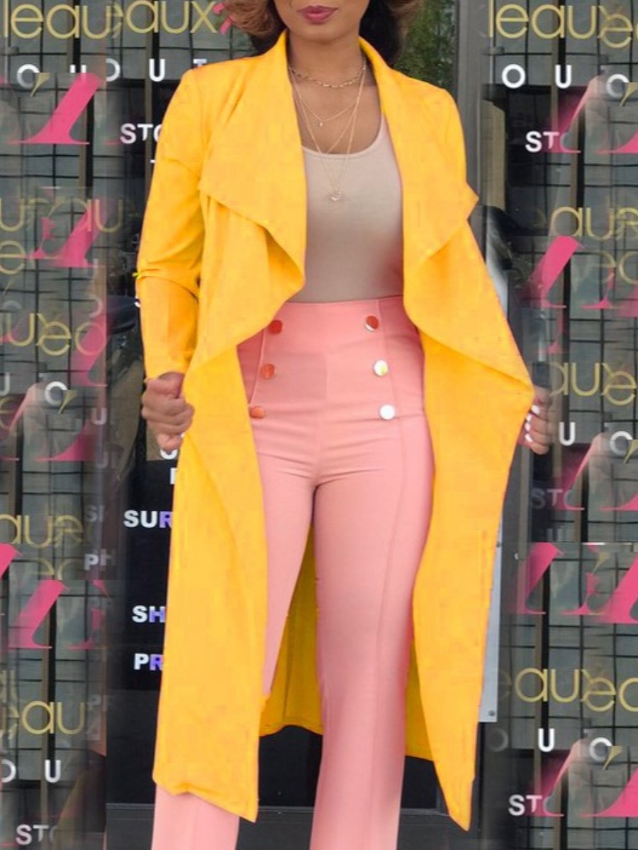 

lovely Stylish Turndown Collar Basic Yellow Long Trench Coat