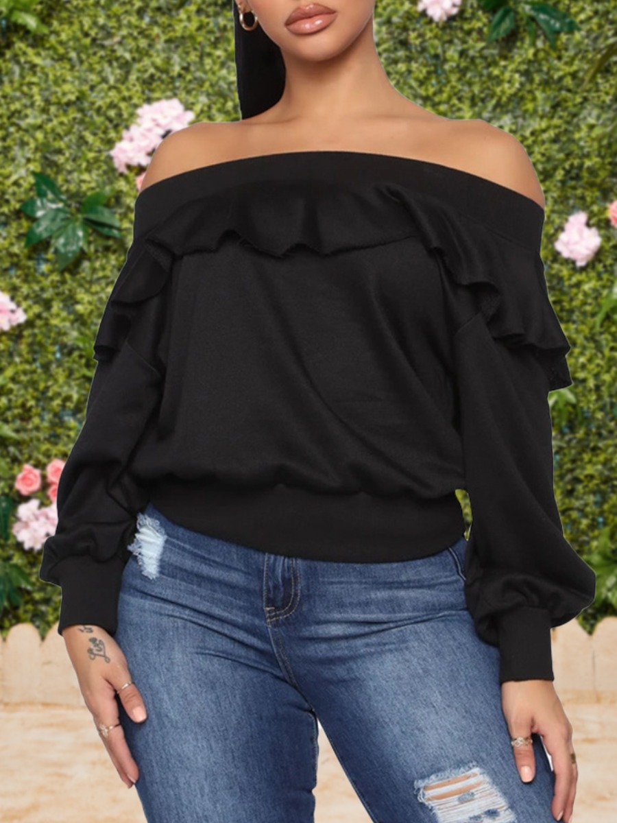 

lovely Leisure Dew Shoulder Flounce Design Black Hoodie