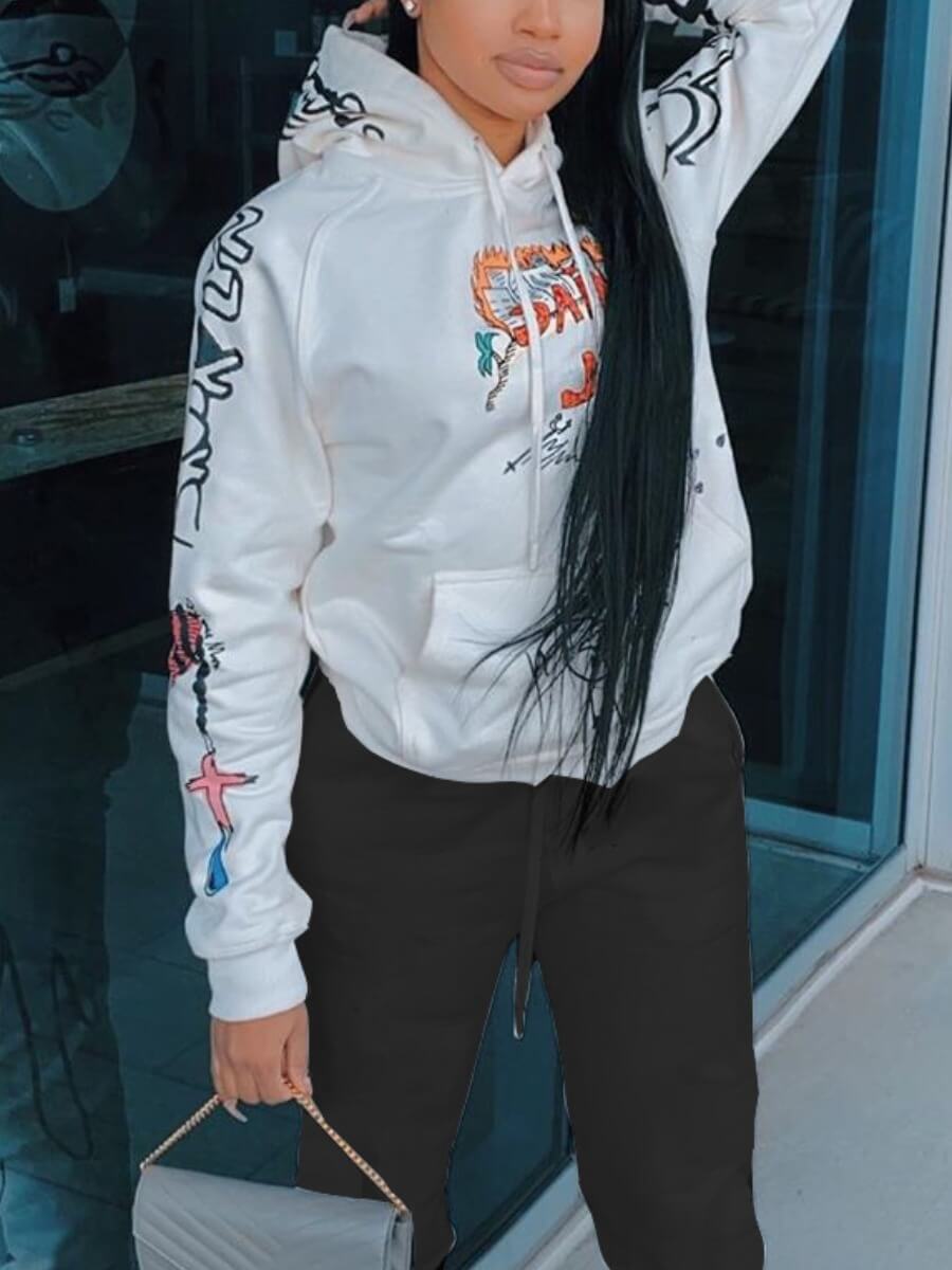 

LW Street Hooded Collar Print White Hoodie