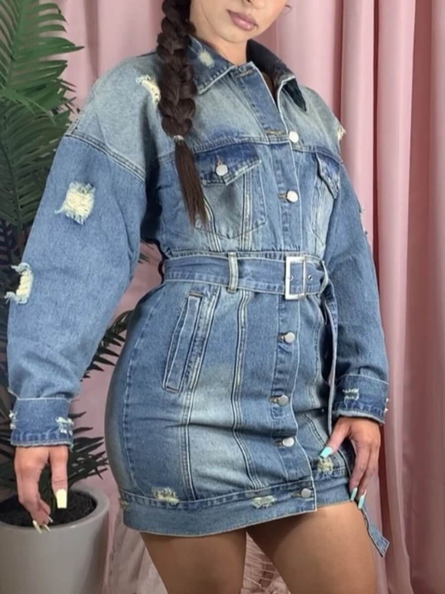 

Lovely Street Turndown Collar Broken Holes Blue Denim Jacket