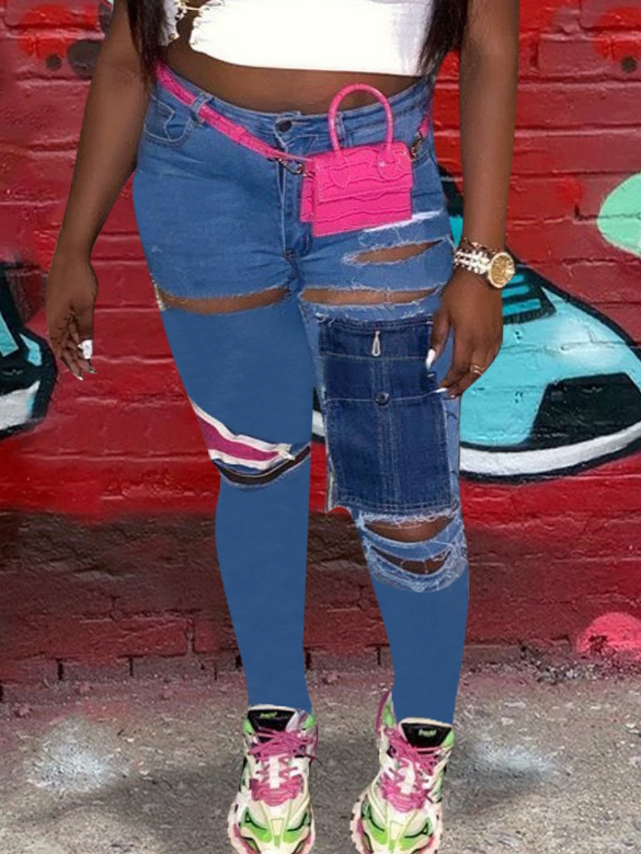 

lovely Trendy Broken Holes Patchwork Blue Jeans