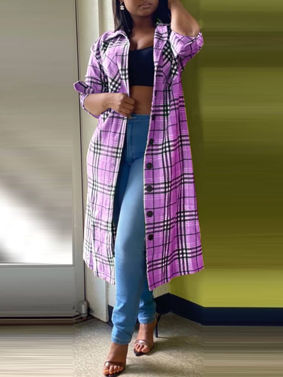 

Lovely Casual Turndown Collar Grid Print Purple Long Coat