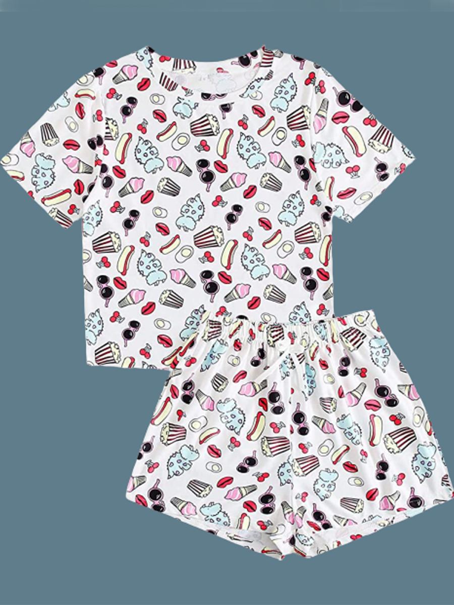 

lovely Leisure O Neck Cartoon Print White Sleepwear