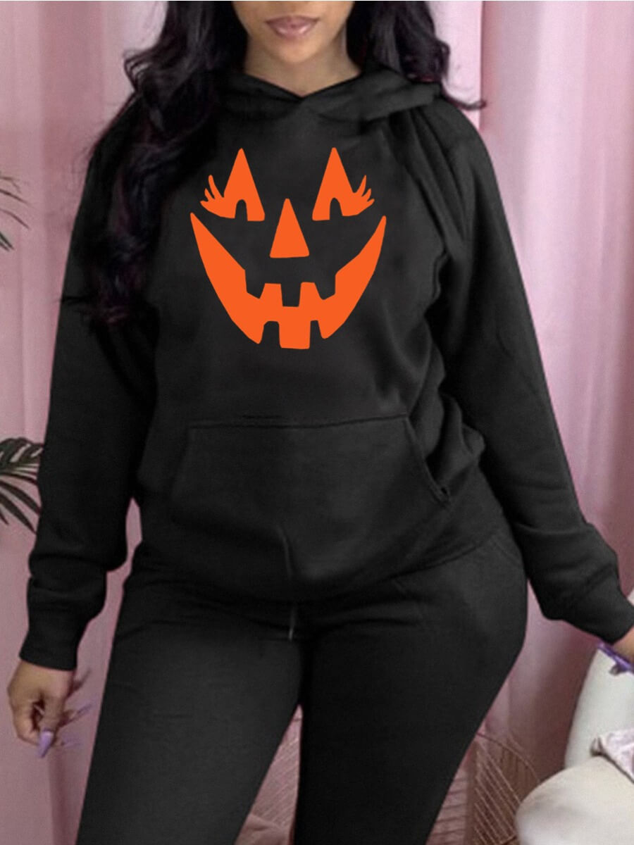 

Lovely Casual Hooded Collar Print Black Hoodie