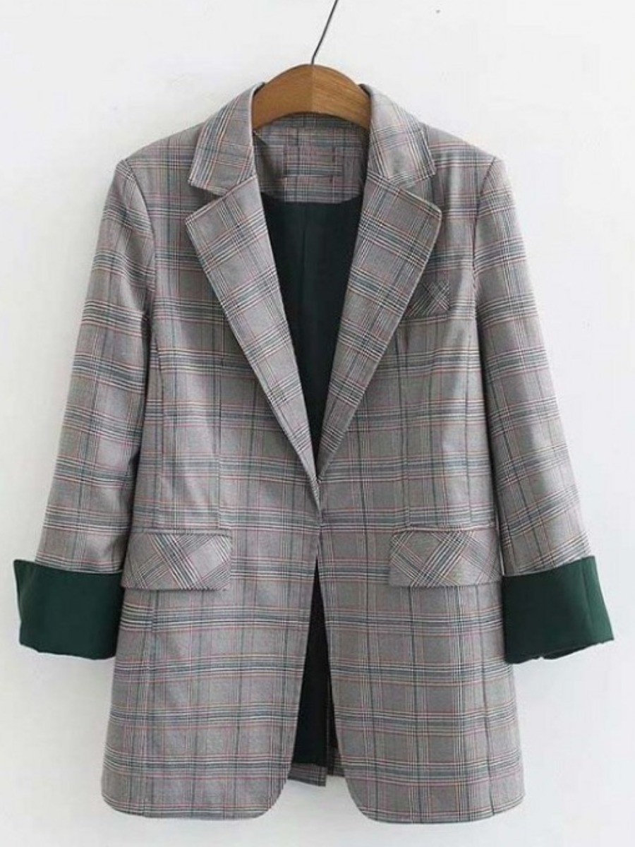 

lovely Casual Turndown Collar Grid Print Grey Plus Size Blazer