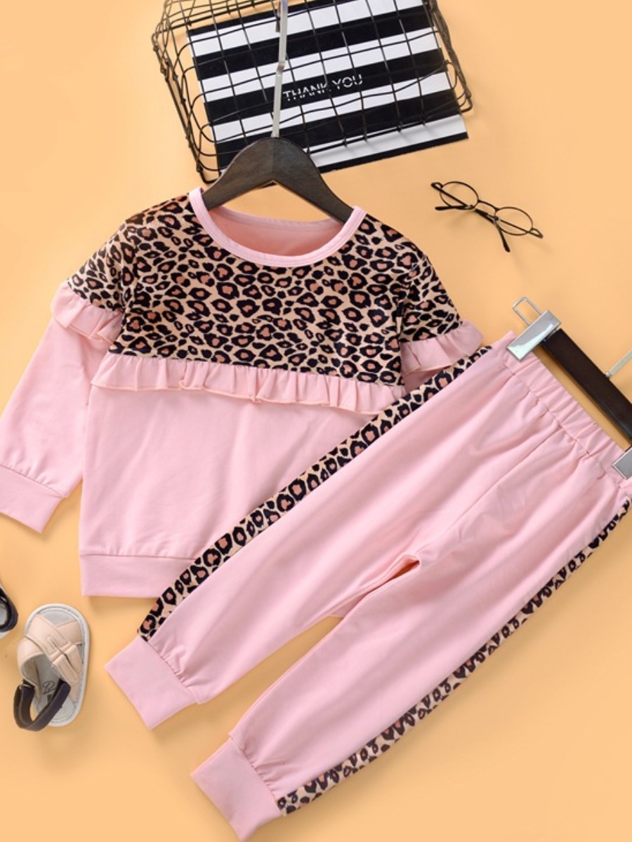 

lovely Sportswear O Neck Leopard Print Patchwork Pink Girl Two-piece Pants Set