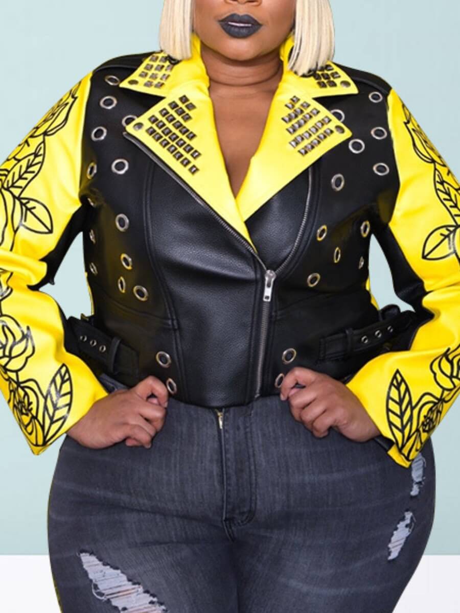 

Lovely Trendy Turndown Collar Print Patchwork Yellow Plus Size Jacket
