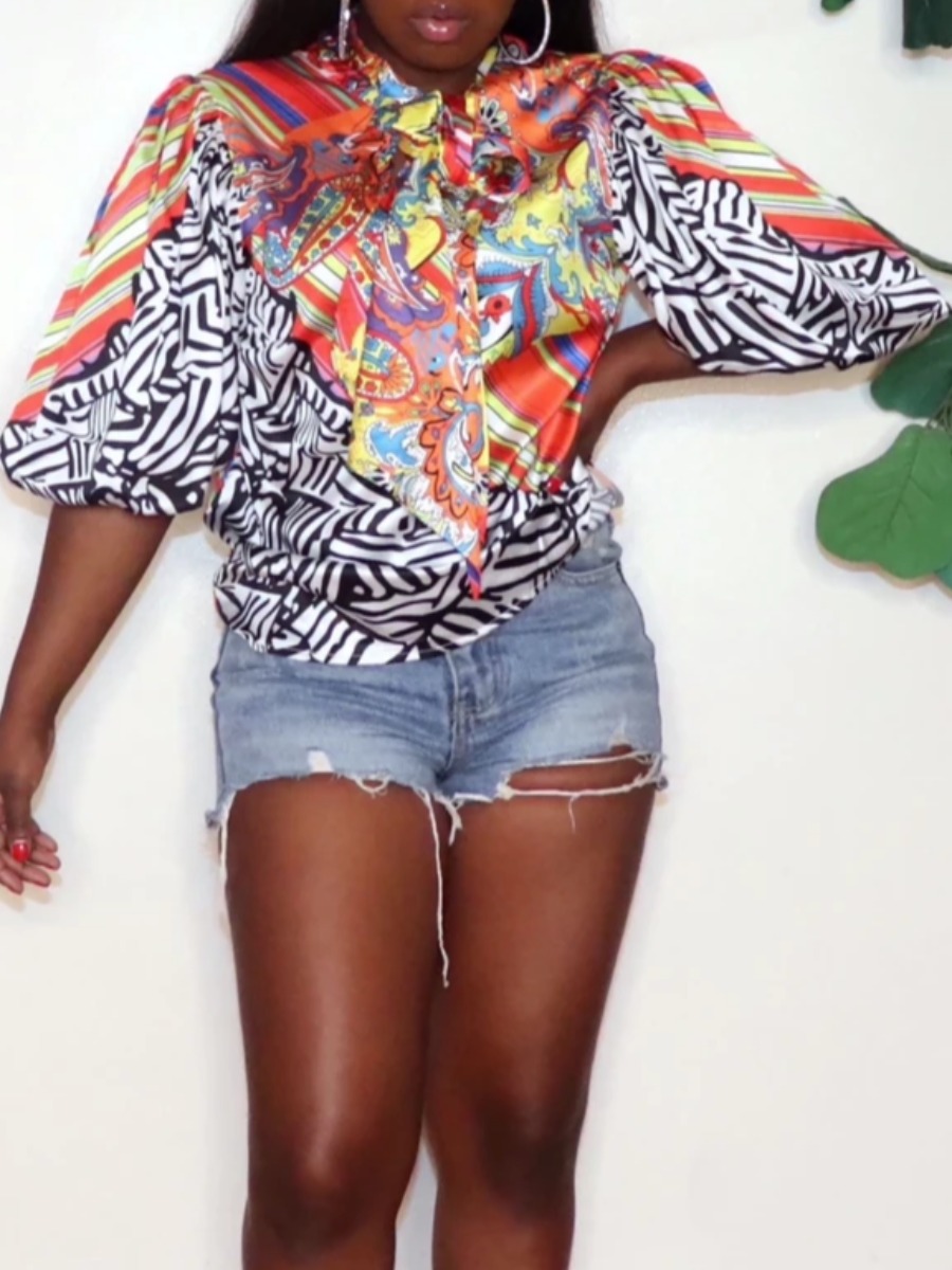 

lovely Trendy Print Patchwork Multicolor Blouse, Multi