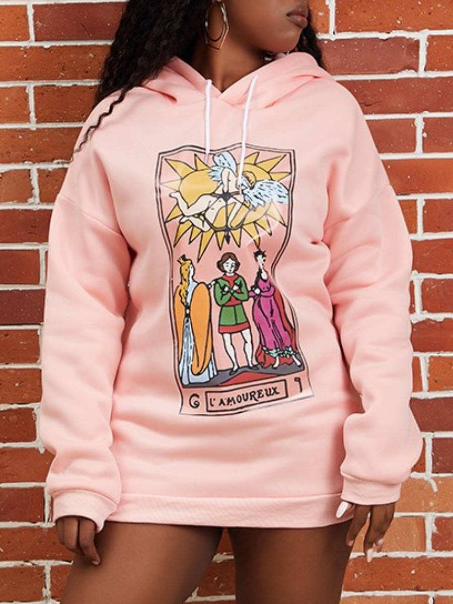 

lovely Casual Hooded Collar Cartoon Print Pink Hoodie