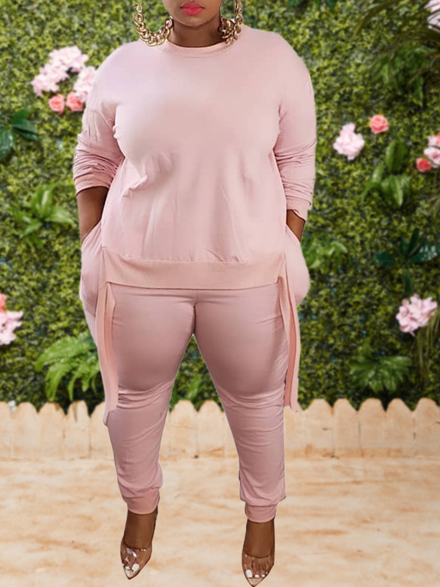 

lovely Leisure O Neck Basic Pink Plus Size Two-piece Pants Set