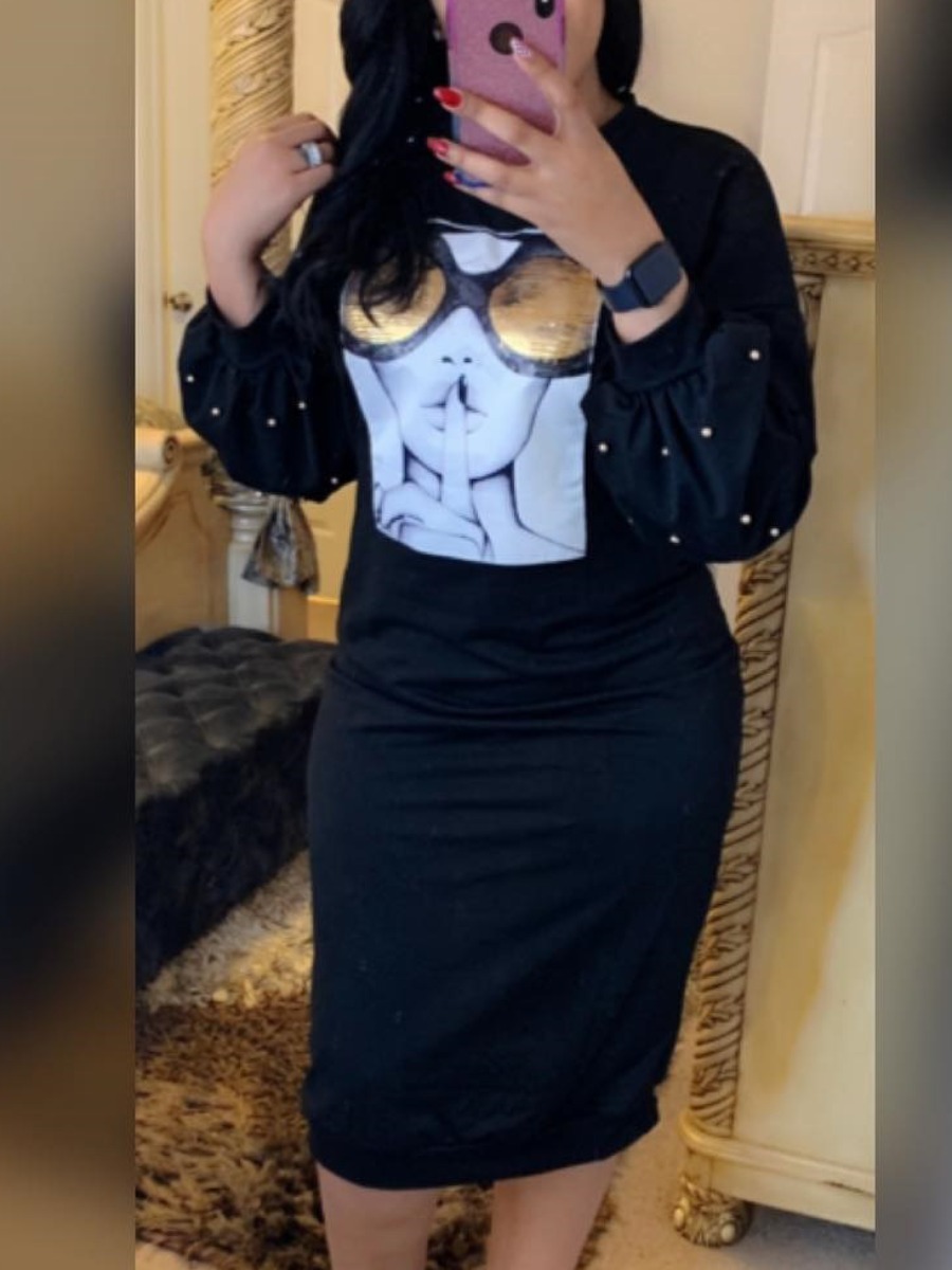 

lovely Casual O Neck Print Black Mid Calf Dress