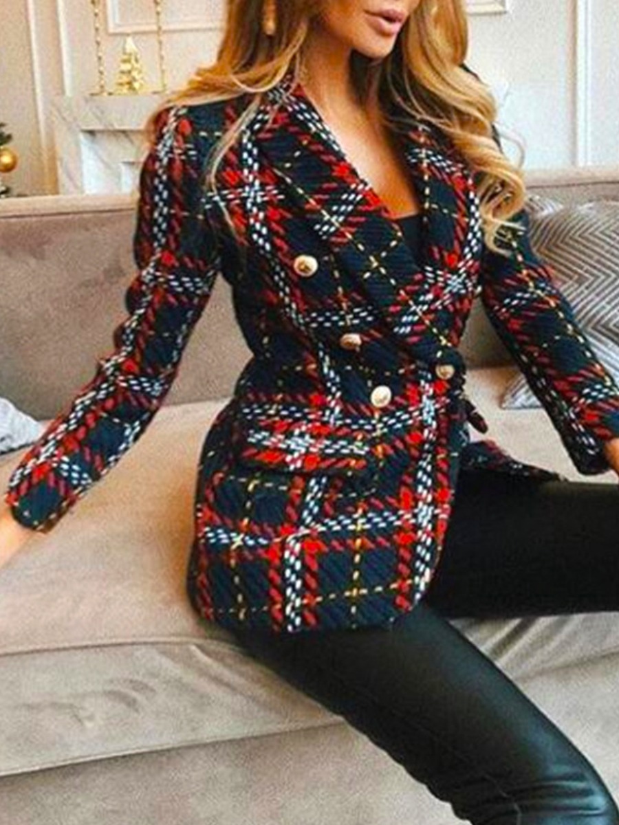 

lovely Trendy Turndown Collar Grid Print Red Blazer