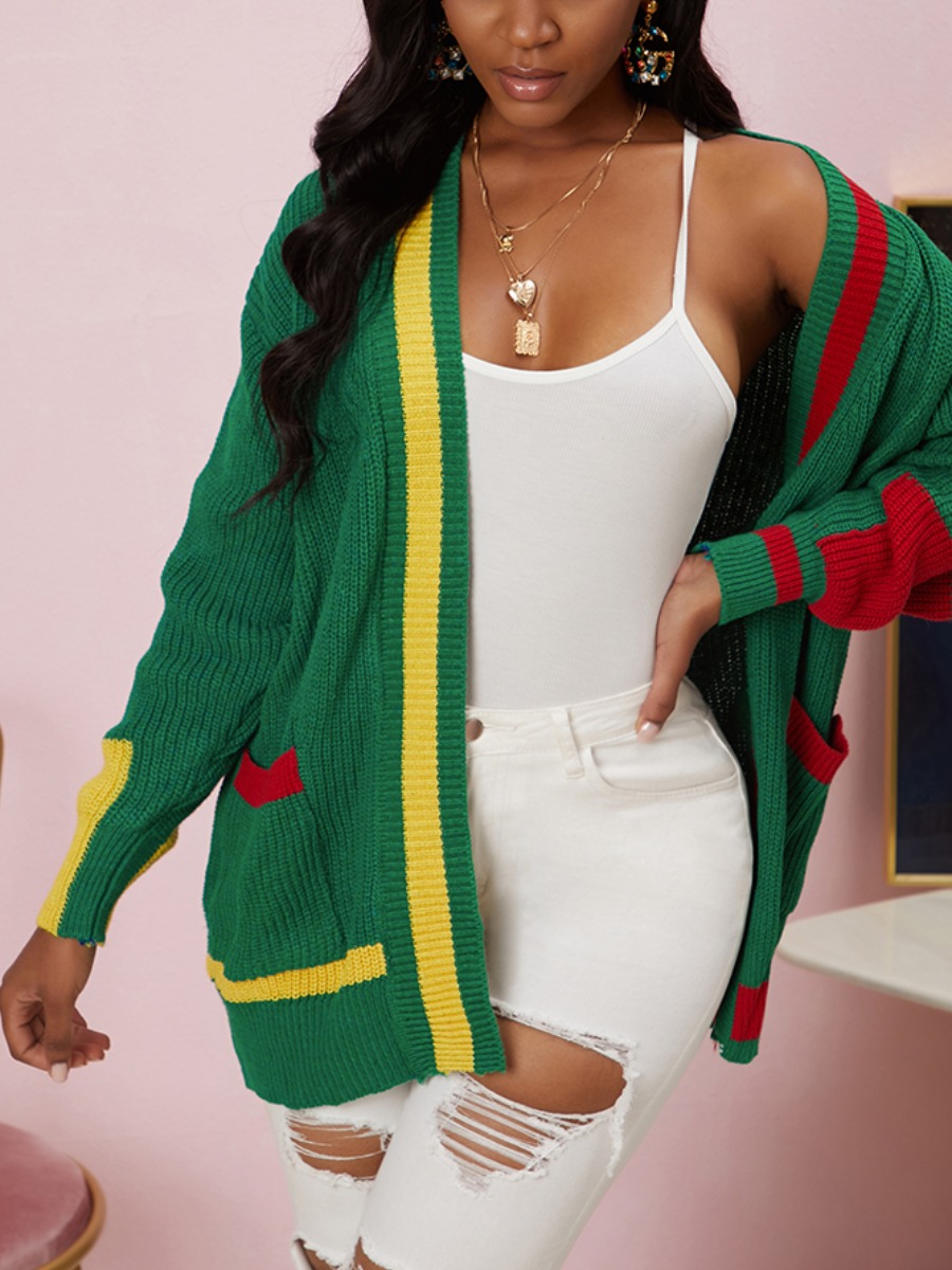 

Lovely Leisure Patchwork Loose Green Cardigan