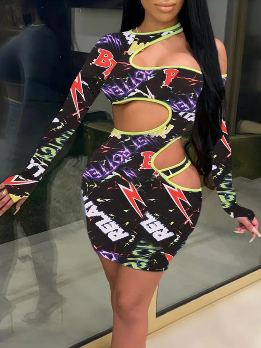 

Lovely Sexy Print Hollow-out Black Mini Dress